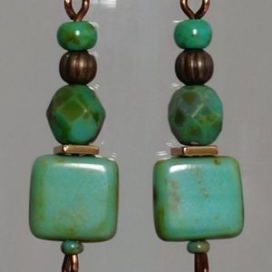 Green Turquoise Glass Rectangle Brass Earrings